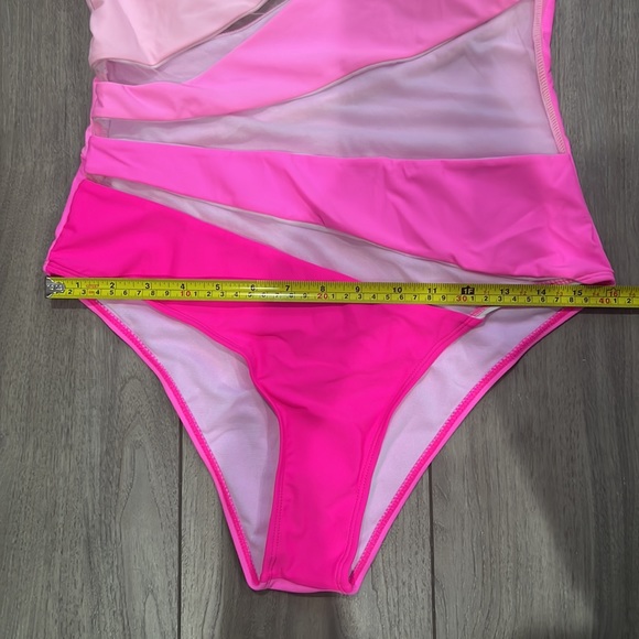 NEW Color Block One Shoulder Mesh Insert One Piece Swimsuit - Picture 9 of 11